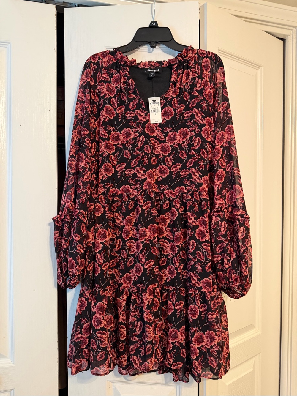 Express Black Dress with Pink Floral Print - Long Sleeve Tiered